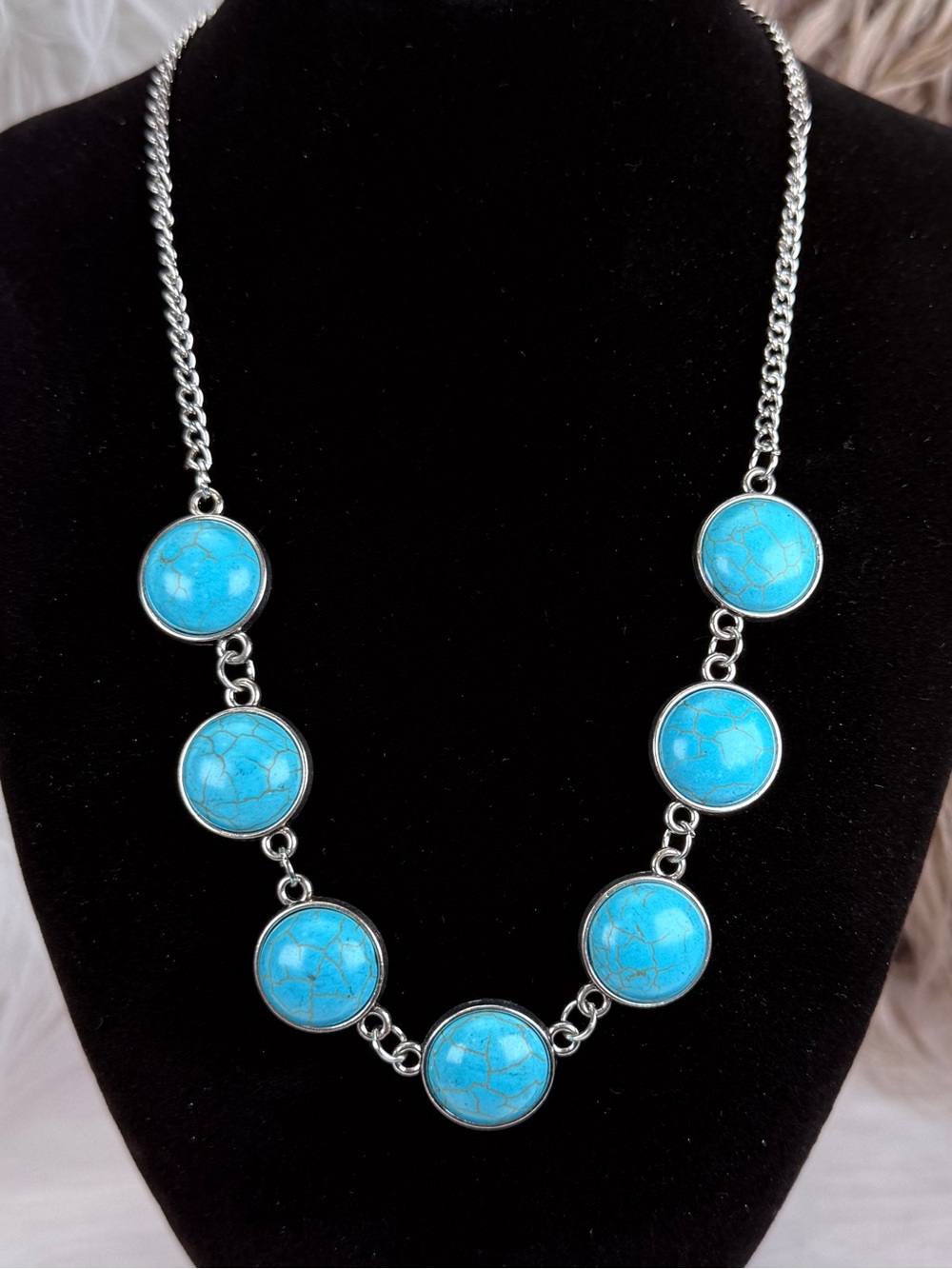 Blue Cabochon Silver Tone Statement Necklace Round Linked Bezel Design